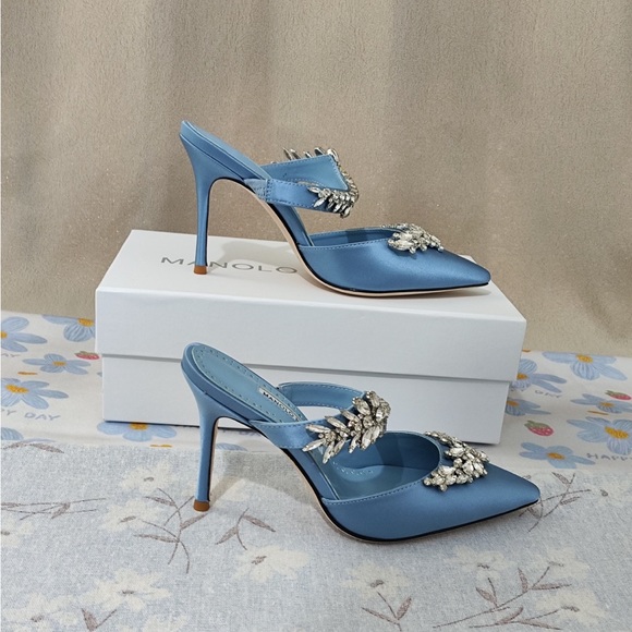 Manolo Blahnik Shoes - Manolo Blahnik Sky Blue Satin Crystal-Embellished Mule